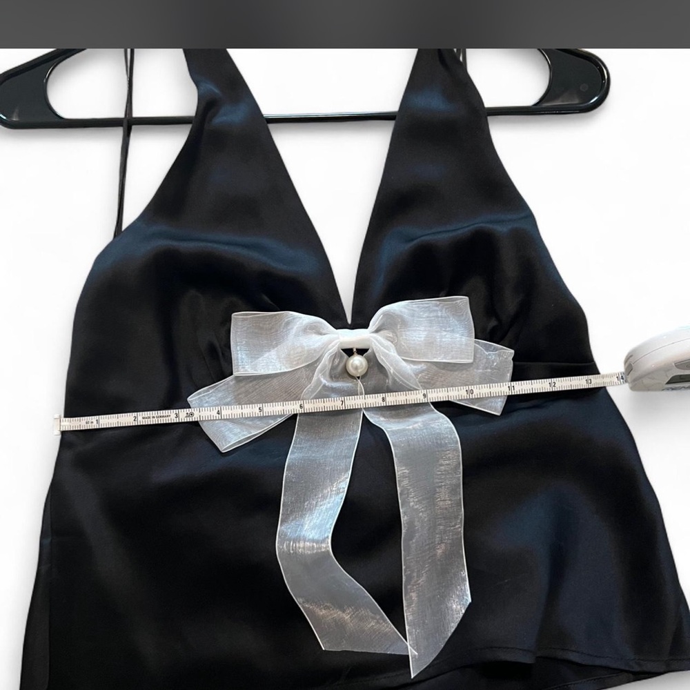 Black Satin V-Neck Tank with Silver Bow Accent - Picture 4 of 5
